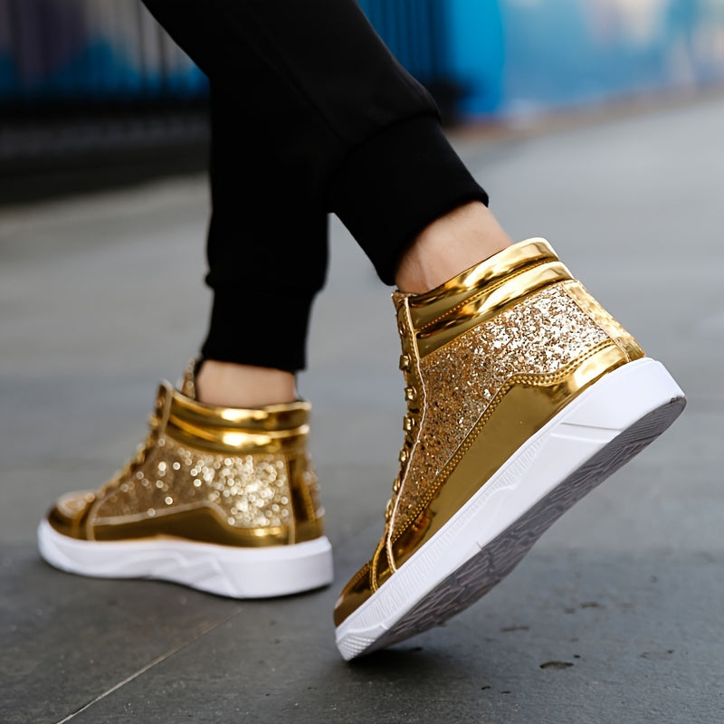 Faux Patent Leather High Top Skate Shoes, Comfy Sneakers
